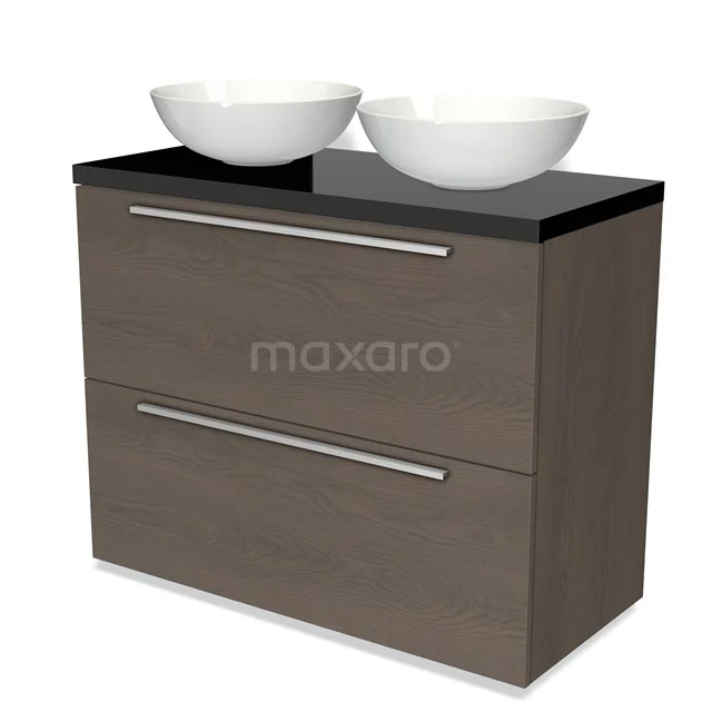 Modulo Plato Badmöbel mit Aufsatzwaschbecken | 100 cm Dunkelbraune Eiche Flach front Hochglanz Schwarz blatt 2 hohe Schubladen übereinanderliegend BMK13-00818 Badmöbel Holzoptik mit zwei weißen Aufsatzwaschbecken und schwarzer Platte, modernes Design für stilvolle Badezimmer Einrichtung.