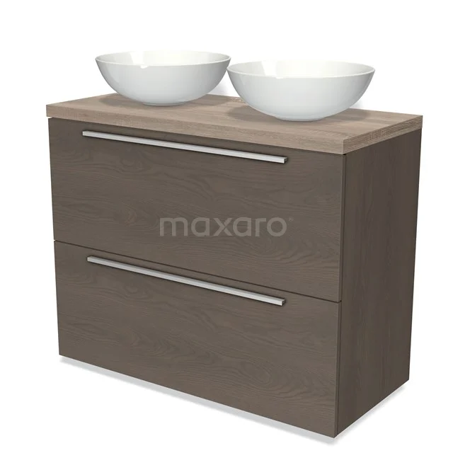 Modulo Plato Vanity units for countertop basin | 100 cm Dark brown oak Flat front Oak worktop 2 stacked drawers under each other BMK13-00819