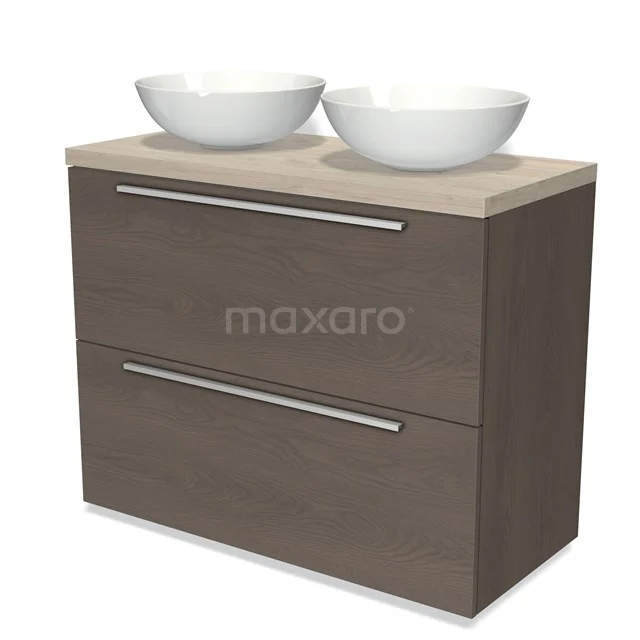 Hölzernes Badezimmermöbel mit zwei weißen Waschbecken, moderne Ausstrahlung, ideal für stilvolle Badezimmereinrichtungen.