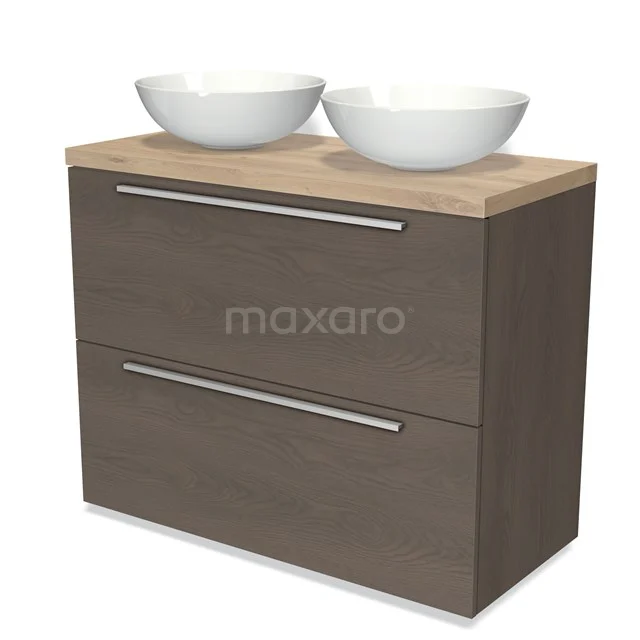 Modulo Plato Vanity units for countertop basin | 100 cm Dark brown oak Flat front Light brown oak worktop 2 stacked drawers under each other BMK13-00821