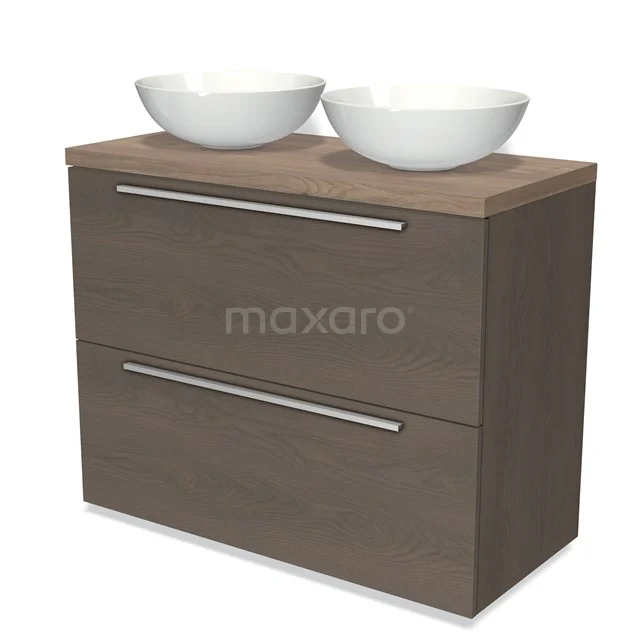 Modulo Plato Badmöbel mit Aufsatzwaschbecken | 100 cm Dunkelbraune Eiche Flach front Mittelbraune Eiche blatt 2 hohe Schubladen übereinanderliegend BMK13-00822 Holz Badmöbel mit zwei weißen keramischen Aufsatzwaschbecken, modernes Design, ideal für Badezimmerlagerung.