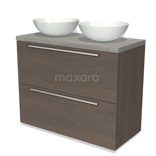 Modulo Plato Vanity units for countertop basin | 100 cm Dark brown oak Flat front Grey oak worktop 2 stacked drawers under each other BMK13-00824