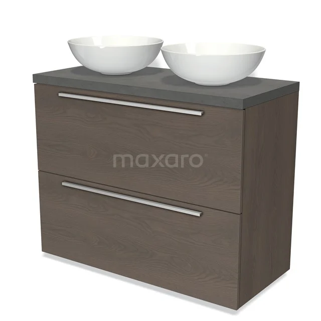 Badmöbel für Waschtischunterschrank mit Konsole 100cm Modulo Plato dunkelbraune Eiche 2 hohe Schubladen Flach dunkelgrauer Beton Platte BMK13-00826 Holz Badezimmermöbel mit dunkelgrauer Oberseite, doppelten runden Aufsatzwaschbecken und zwei Schubladen mit glänzenden Griffen.