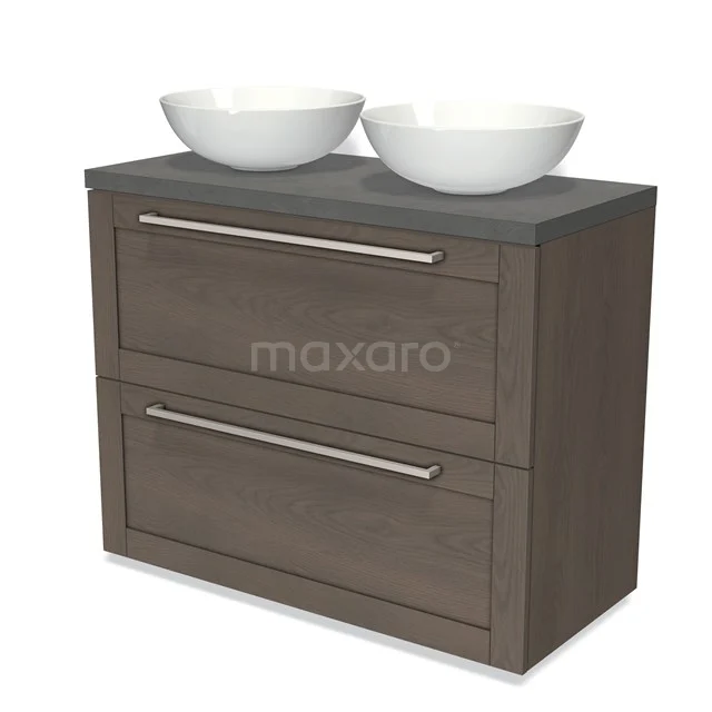 Modulo Plato Vanity units for countertop basin | 100 cm Dark brown oak Frame front Dark grey concrete worktop 2 stacked drawers under each other BMK13-00840 Wooden bathroom unit with dark grey top, two white countertop wash basins and silver handles, stylish and versatile for any bathroom.