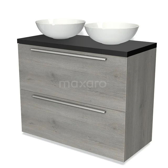 Wooden bathroom unit with two white countertop wash basins, grey wood look, black top, modern design with metal handles.