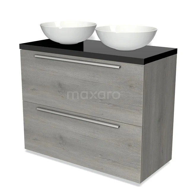 Modulo Plato Badmöbel mit Aufsatzwaschbecken | 100 cm Graue Eiche Flach front Hochglanz Schwarz blatt 2 hohe Schubladen übereinanderliegend BMK13-00846 Hölzernes Badmöbel mit zwei weißen Waschbecken, dunkler Platte und metallischen Haltegriffen, modernes Design für stilvolle Bäder.