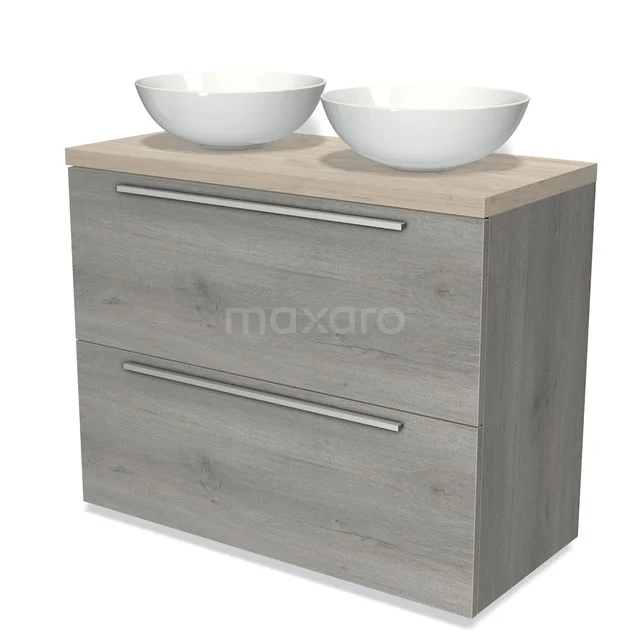 Modulo Plato Badmöbel mit Aufsatzwaschbecken | 100 cm Graue Eiche Flach front Hellgraue Eiche blatt 2 hohe Schubladen übereinanderliegend BMK13-00848 Graues Badezimmermöbel mit Holzoptik, doppelte Waschbecken und modernen Metallhaltegriffen, ideal für stilvolle Bäder.
