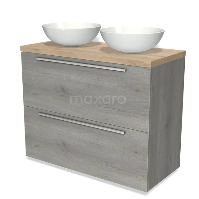 Modulo Plato Vanity units for countertop basin | 100 cm Grey oak Flat front Light brown oak worktop 2 stacked drawers under each other BMK13-00849 Grey wooden bathroom unit with metal handles, a wooden worktop and two white countertop wash basins. Perfect for modern bathrooms.