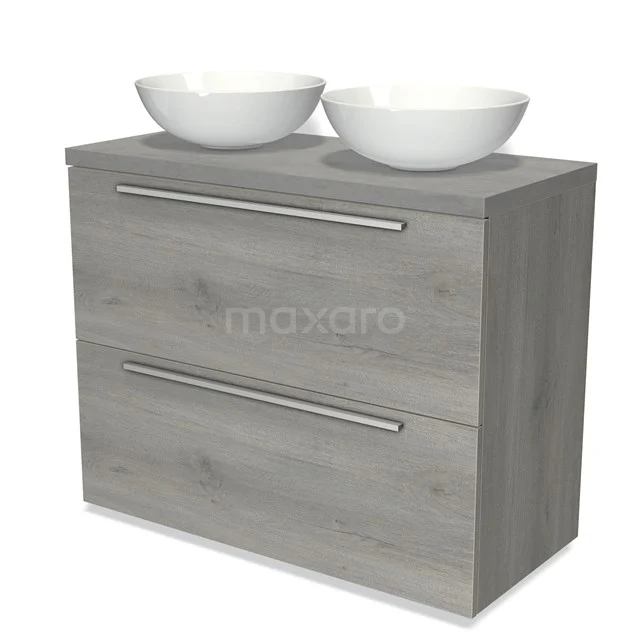 Modulo Plato Vanity units for countertop basin | 100 cm Grey oak Flat front Light grey concrete worktop 2 stacked drawers under each other BMK13-00853 Wooden bathroom unit with grey wood look, two white round countertop wash basins and double drawers fitted with metal handles.