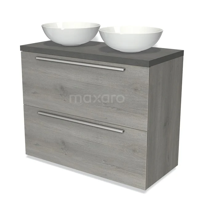 Wooden bathroom unit in grey oak, with two white countertop wash basins and metal handles, ideal for a modern bathroom.