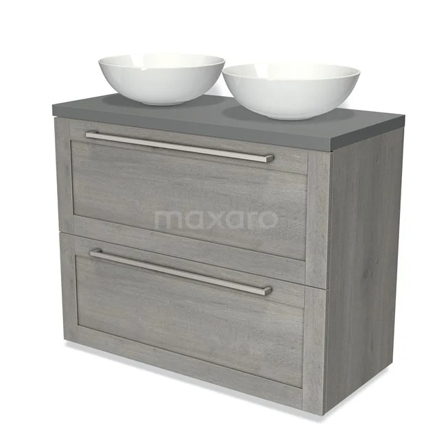 Modulo Plato Vanity units for countertop basin | 100 cm Grey oak Frame front Mid grey worktop 2 stacked drawers under each other BMK13-00856 Grey oak bathroom unit with two drawers, metal handles and double white countertop wash basins, modern and stylish design.