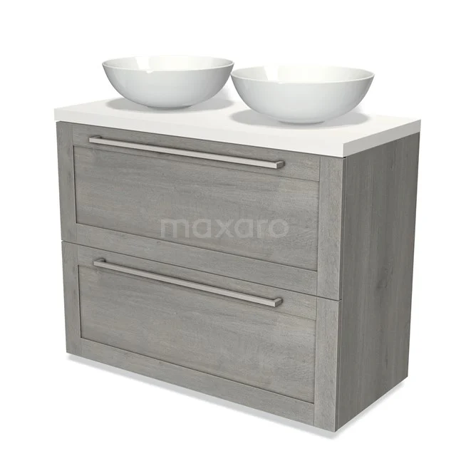 Grau Holz Badezimmermöbel mit zwei weißen Aufsatzwaschbecken, modernes Design und metallischen Haltegriffen für stilvolle Badezimmerlagerung.