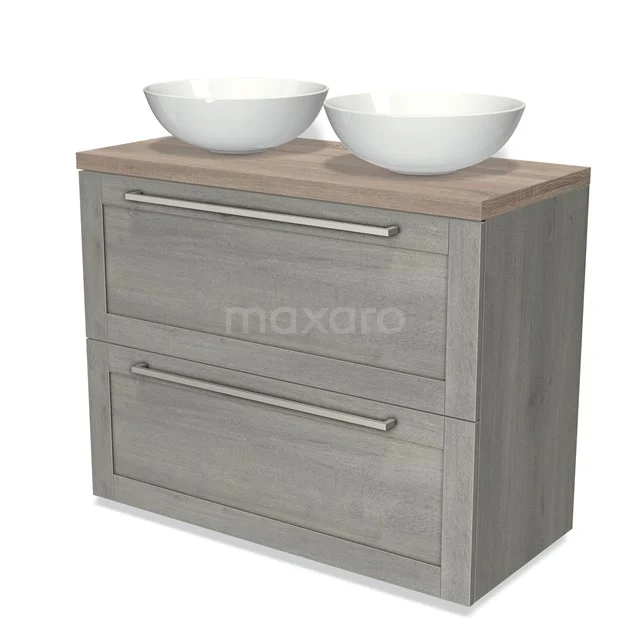 Modulo Plato Vanity units for countertop basin | 100 cm Grey oak Frame front Oak worktop 2 stacked drawers under each other BMK13-00861 Wooden Bathroom unit with grey drawers, two white countertop wash basins and matte metal handles, ideal for modern bathrooms.