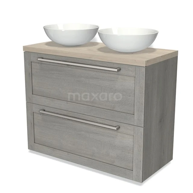 Modulo Plato Vanity units for countertop basin | 100 cm Grey oak Frame front Light grey oak worktop 2 stacked drawers under each other BMK13-00862 Grey wooden bathroom unit with double basin, warm grey oak worktop and metal handles; stylish and practical design.