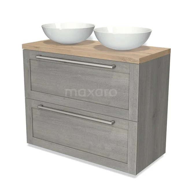 Grey wooden bathroom unit with double white vanity units with basin, drawer handles and modern finish, perfect for a stylish bathroom.