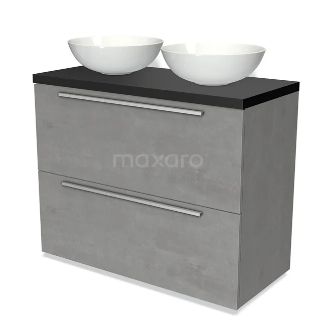 Modulo Plato Vanity units for countertop basin | 100 cm Light grey concrete Flat front Matte black worktop 2 stacked drawers under each other BMK13-00869