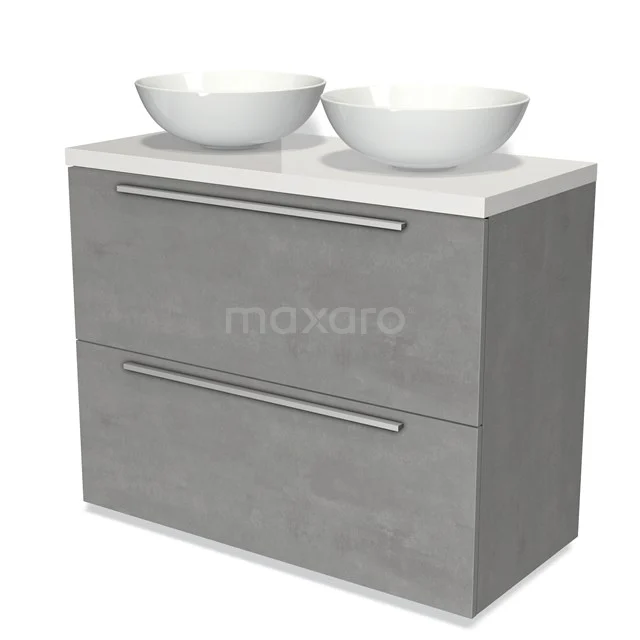 Graue Badmöbelset mit zwei weißen Aufsatzwaschbecken, einem modernen Design und einem Betonlook für stilvolle Badezimmergestaltung.