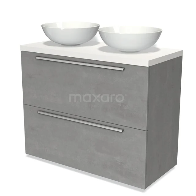 Badmöbel für Waschtischunterschrank mit Konsole 100cm Modulo Plato hellgrauer Beton 2 hohe Schubladen Flach Matt Weiß Platte BMK13-00872 Graue Badmöbelset mit doppelten Aufsatzwaschbecken, luxuriösem Betonlook und zwei breiten Schubladen für praktischen Stauraum.