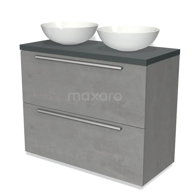 Graue Badmöbel Set mit Betonlook, zwei weißen Aufsatzwaschbecken und metallischen Haltegriffen; modernes Design und geräumiges Stauraum.
