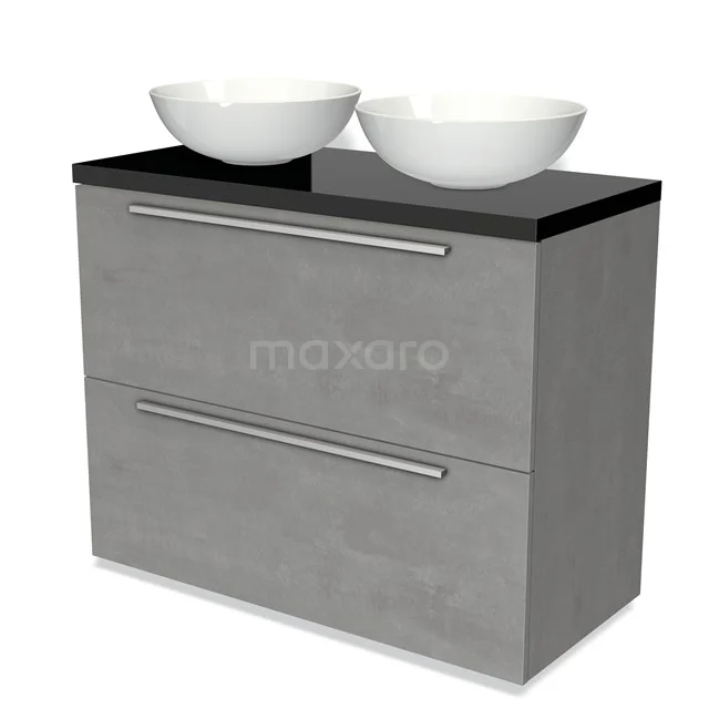 Modulo Plato Vanity units for countertop basin | 100 cm Light grey concrete Flat front High-gloss black worktop 2 stacked drawers under each other BMK13-00874