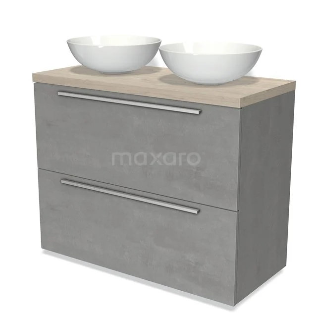 Badmöbel für Aufsatzwaschbecken 100cm Modulo Plato Hellgrauer Beton 2 hohe Schubladen Flache Platte aus hellgrauer Eiche BMK13-00876 Graues Badezimmermöbel mit Holzlook Platte, keramischen doppelten Aufsatzwaschbecken und metallischen Haltegriffen, modernes und stilvolles Design.