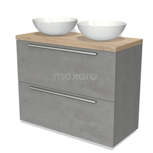 Modulo Plato Badmöbel mit Aufsatzwaschbecken | 100 cm Hellgrauer Beton Flach front Hellbraune Eiche blatt 2 hohe Schubladen übereinanderliegend BMK13-00877 Graue Badmöbelset mit Holzlook Platte, zwei weißen Waschbecken und metallischen Haltegriffen; stilvolles und modernes Design.