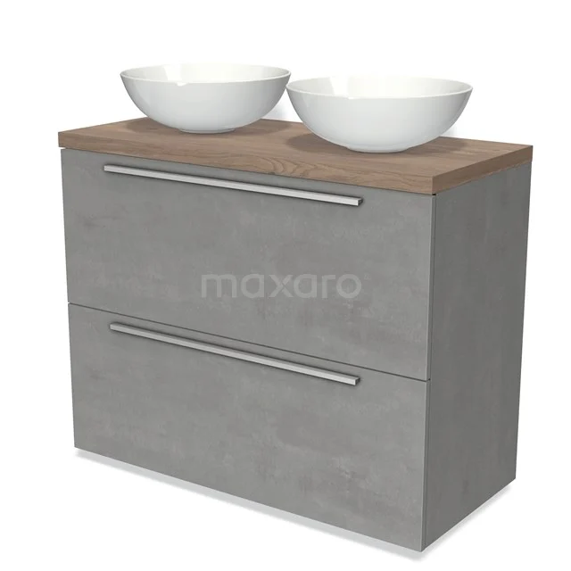 Modulo Plato Vanity units for countertop basin | 100 cm Light grey concrete Flat front Mid brown oak worktop 2 stacked drawers under each other BMK13-00878