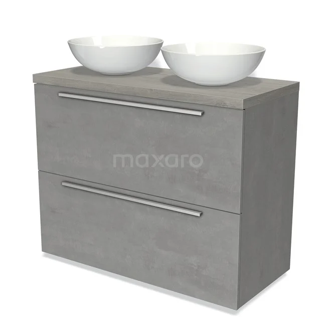 Modulo Plato Vanity units for countertop basin | 100 cm Light grey concrete Flat front Grey oak worktop 2 stacked drawers under each other BMK13-00880
