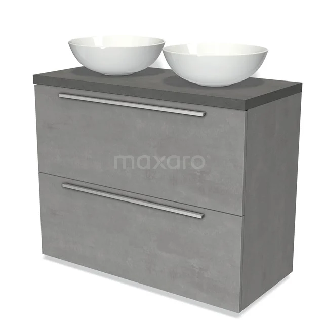 Modulo Plato Badmöbel mit Aufsatzwaschbecken | 100 cm Hellgrauer Beton Flach front Dunkelgrauer Beton blatt 2 hohe Schubladen übereinanderliegend BMK13-00882 Graue Badmöbelset mit Betonlook, Holzverarbeitung und zwei weißen runden Waschbecken; modernes Design und funktional.