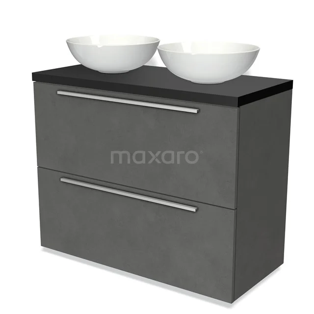 Graue Badmöbelset mit doppelten weißen Aufsatzwaschbecken, modernem Betonlook und schwarzer Platte, ideal für ein stilvolles Badezimmer.