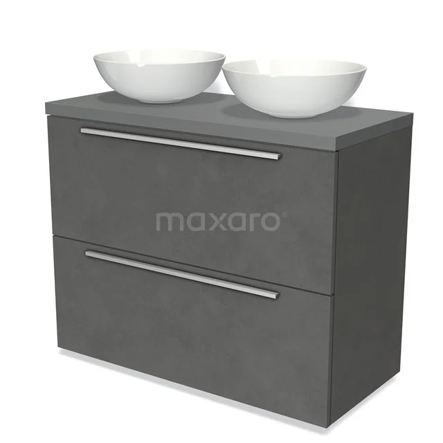 Badmöbel für Waschtischunterschrank mit Konsole 100cm Modulo Platte Dunkelgrau Beton 2 hohe Schubladen Flach Mittelgrau Platte BMK13-00884 Graue Badmöbelset mit zweiteiligen grifflosen Schubladen und doppelten weißen Aufsatzwaschbecken, hergestellt aus nachhaltigem Betonlook-Material.