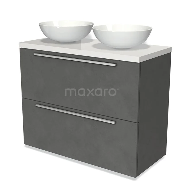 Grau Badmöbel mit zwei weißen Aufsatzwaschbecken, strakes Design und Betonlook, perfekt für eine moderne Badezimmer Einrichtung.