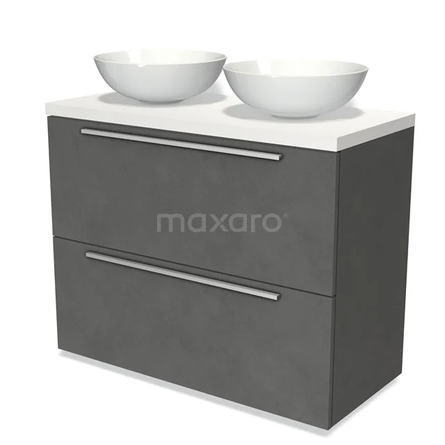 Badmöbel für Waschtischunterschrank mit Konsole 100cm Modulo Platte Dunkelgrau Beton 2 hohe Schubladen Flach Matt Weiß Platte BMK13-00886 Graue Badmöbelset mit doppelten keramischen Aufsatzwaschbecken und schlichten Schubladen, ideal für eine moderne Badezimmergestaltung.