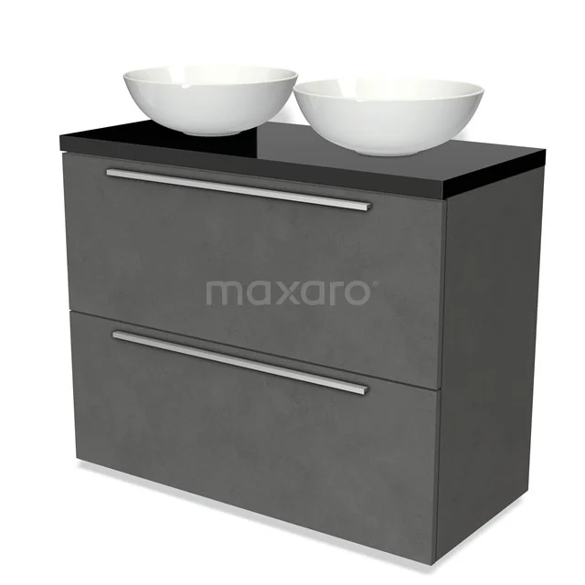 Graue Badmöbelset mit zwei weißen Aufsatzwaschbecken, schwarzer Glasplatte und metallischen Haltegriffen für einen modernen Look.