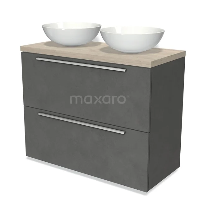 Modulo Plato Vanity units for countertop basin | 100 cm Dark grey concrete Flat front Light grey oak worktop 2 stacked drawers under each other BMK13-00890