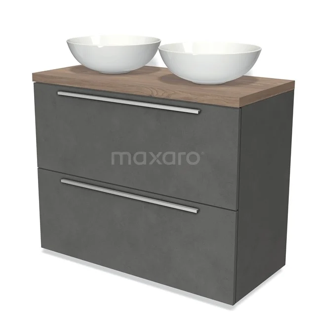 Graue Badmöbel mit Holzlook Platte und doppelten weißen Aufsatzwaschbecken, moderner Stil und straffes Design, ideal für jedes Badezimmer.