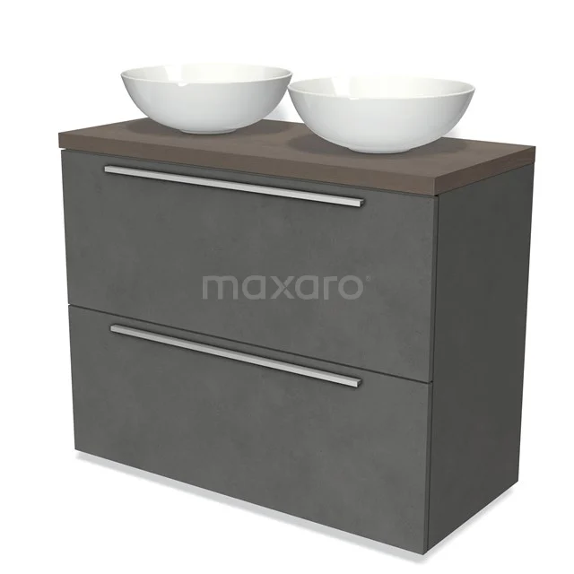 Modulo Plato Vanity units for countertop basin | 100 cm Dark grey concrete Flat front Dark brown oak worktop 2 stacked drawers under each other BMK13-00893