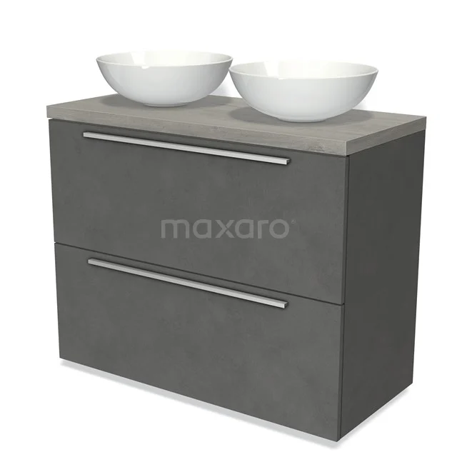 Modulo Plato Vanity units for countertop basin | 100 cm Dark grey concrete Flat front Grey oak worktop 2 stacked drawers under each other BMK13-00894