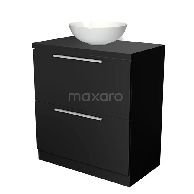 Modulo Plato Badmöbel mit Aufsatzwaschbecken | 80 cm Matt Schwarz Flach front Matt Schwarz blatt 2 hohe Schubladen übereinanderliegend BMK13S-00001 Schwarze Badmöbelset mit zwei Schubladen, modernem Waschbecken und chromfarbenen Haltegriffen, ideal für ein stilvolles Badezimmer.