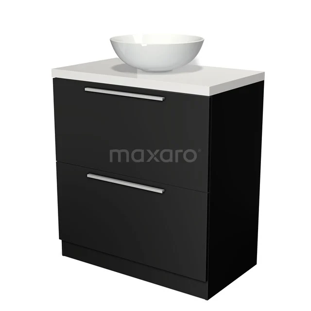 Schwarzer Badschrank mit keramischem Aufsatzwaschbecken, zwei Schubladen und modernen Metallhaltegriffen, geeignet für stilvolle Bäder.