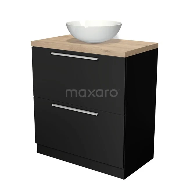 Schwarzer Badschrank mit Holzplatte, zwei Schubladen und weißem Aufsatzwaschbecken; modernes Design für stilvolle Badezimmerlagerung.