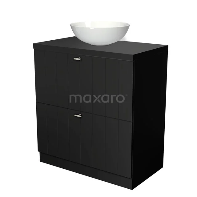 Black cabinet with ceramic white countertop wash basin, modern bathroom unit made of wood, minimalist design with two drawers.