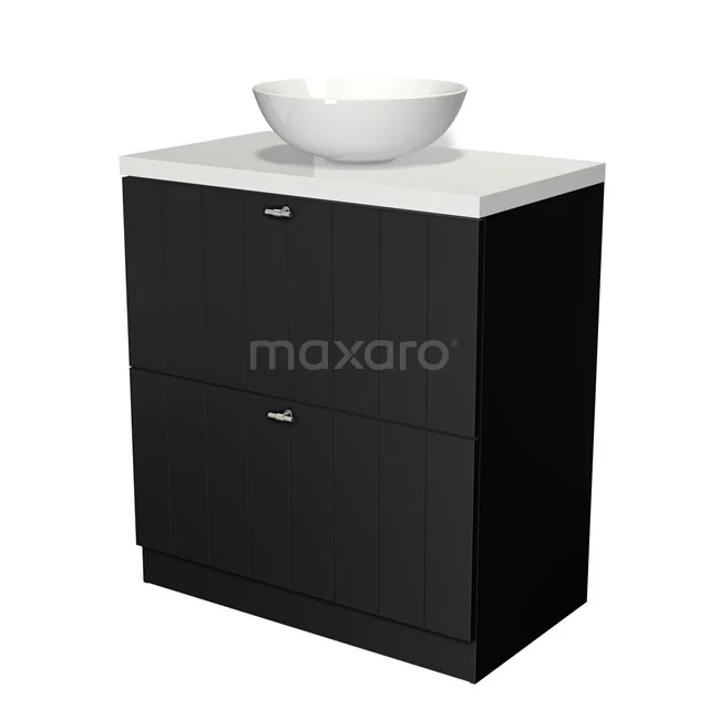 Black bathroom unit with two drawers, white ceramic basin and sleek design, ideal for modern bathroom design.