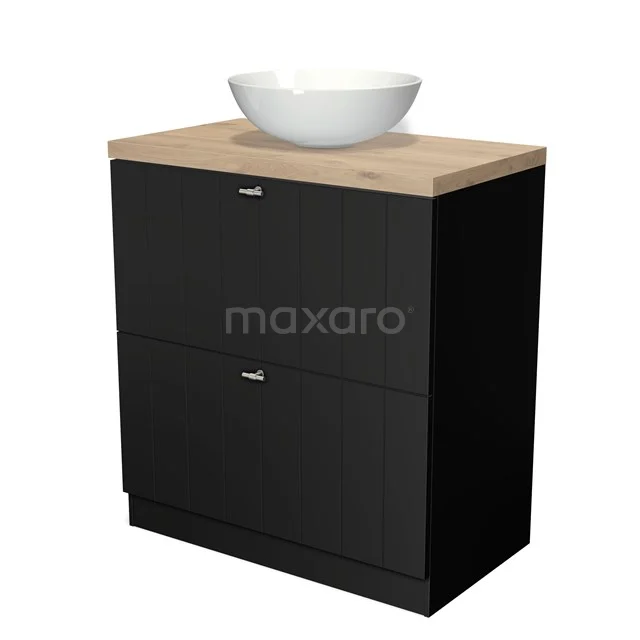 Black bathroom cabinet with wooden worktop and white round countertop wash basin, ideal design for modern bathrooms.