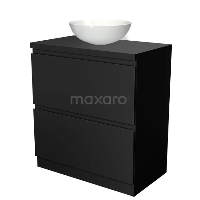 Schwarze Badmöbelset mit klaren Linien und rundem weißen Aufsatzwaschbecken, ideal für einen modernen Badezimmerstil.