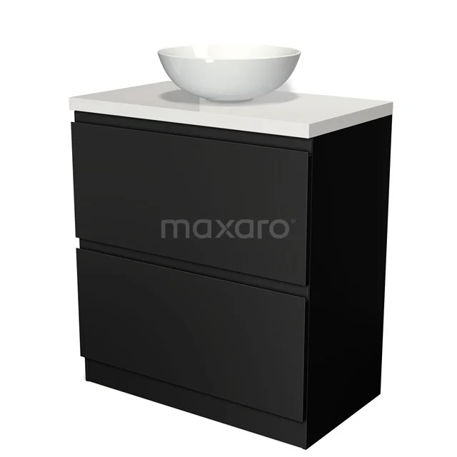 Badmöbel für Waschtischunterschrank 80cm Modulo Plato Matt Schwarz 2 hohe Schubladen Grifflos Hochglanz Weiß Platte BMK13S-00031 Schwarzes Badmöbel mit zwei Schubladen und weißer Waschbecken, modernes Design, geeignet für stilvolle Badezimmergestaltung.
