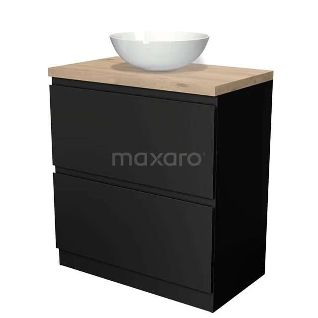 Badmöbel für Waschtischunterschrank 80cm Modulo Plato Matt Schwarz 2 hohe Schubladen grifflos hellbraune Eiche Platte BMK13S-00037 Schwarzes Badmöbel mit Holzlook Platte und weißem Aufsatzwaschbecken, modernes Design, ideal für stilvolle Badezimmergestaltung.