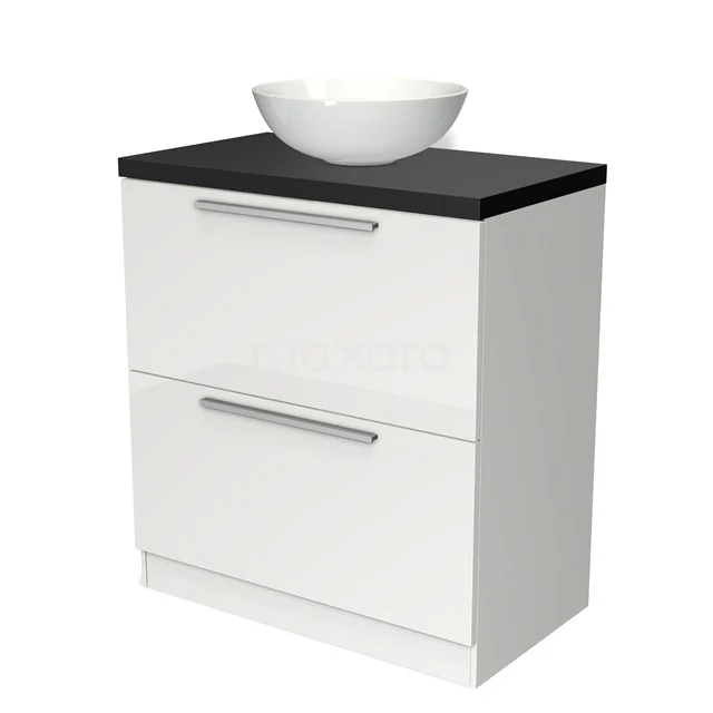 Weißes Badmöbel mit schwarzer Platte, zwei Schubladen und einem runden Waschbecken; modernes Design für stilvolle Badezimmerlagerung.