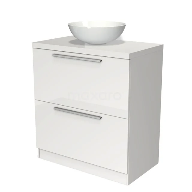 Weiße Badmöbelset mit zwei Schubladen, Edelstahl Haltegriffen und integriertem keramischen Aufsatzwaschbecken. Modernes und funktionales Design.