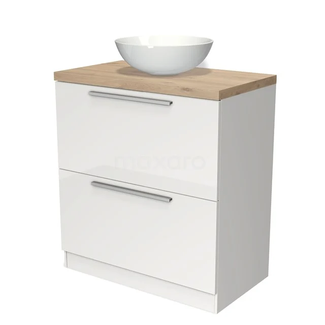Modulo Plato Badmöbel mit Aufsatzwaschbecken | 80 cm Hochglanz Weiß Flach front Hellbraune Eiche blatt 2 hohe Schubladen übereinanderliegend BMK13S-00051 Weißes Badezimmermöbel mit Holzplatte, keramischem Aufsatzwaschbecken und zwei Schubladen, modernes Design für stilvolle Badezimmerlagerung.